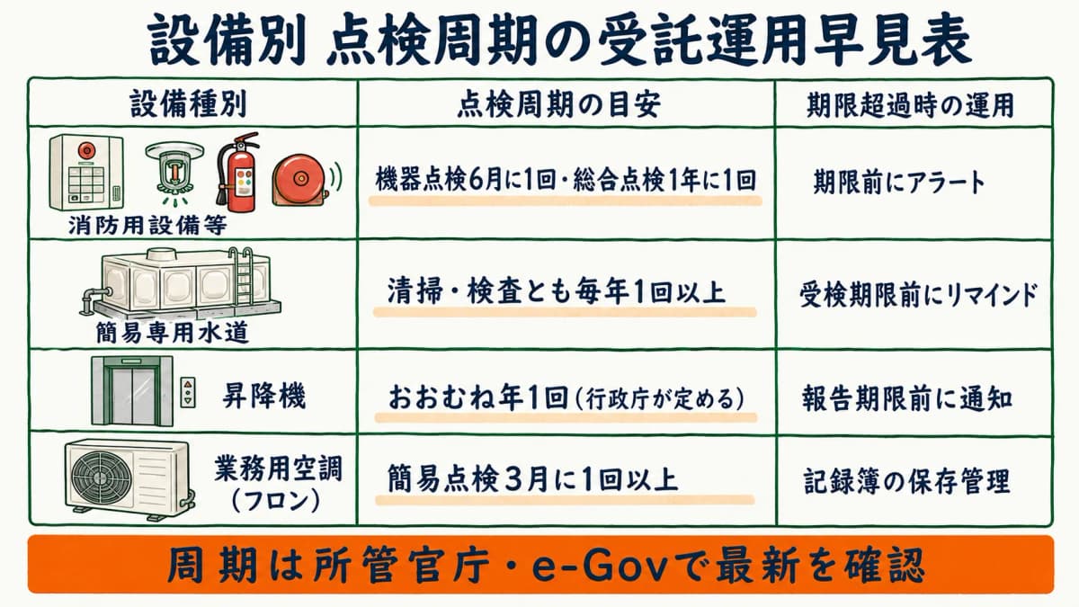 設備種別ごとの点検周期と点検予定への落とし込みと期限超過時の運用を整理した受託運用の早見表の図