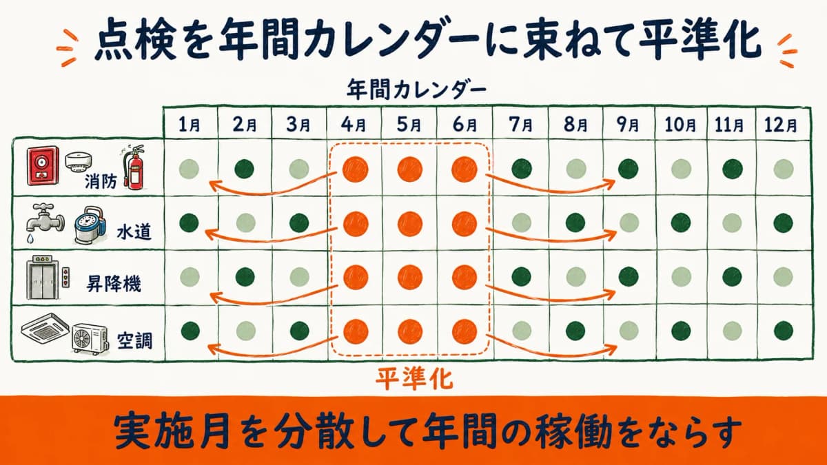 複数物件の異なる点検時期を年間カレンダー上に束ねて稼働を平準化するイメージの図