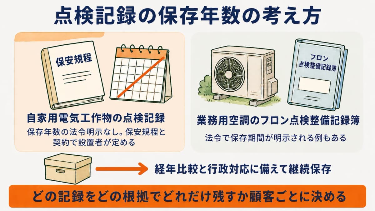 自家用電気工作物の点検記録には保存年数の法令明示がなく保安規程と契約で運用することを整理した図