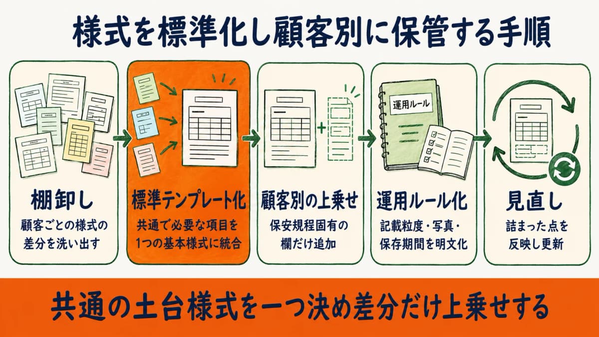 受託保安業務で点検報告書様式を標準テンプレートに統一し顧客別に保管する運用手順のフロー図