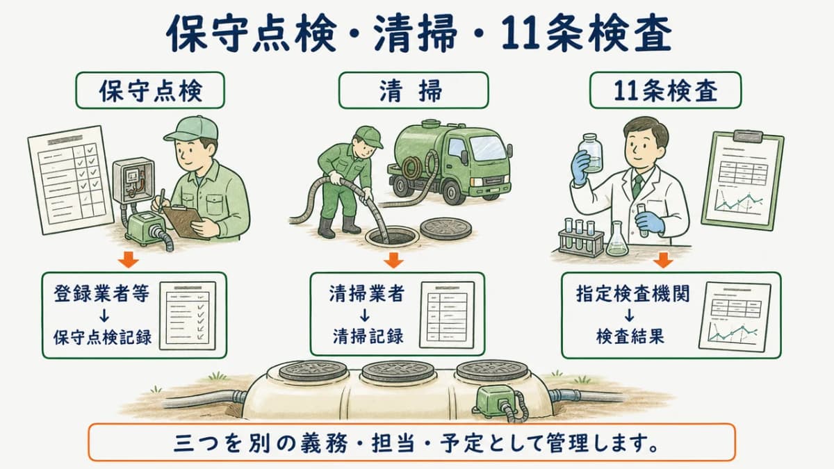 浄化槽の保守点検・清掃・11条検査の3業務比較図