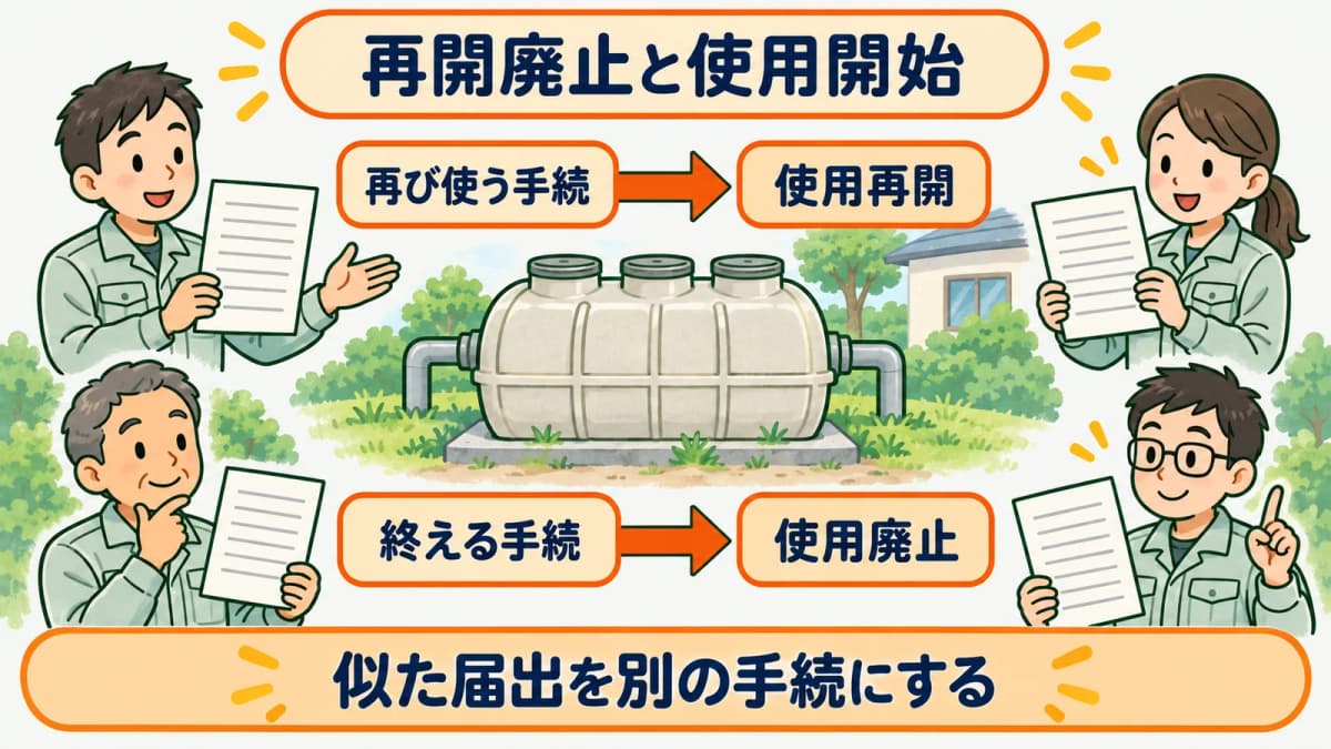 浄化槽の再開と廃止と使用開始を別の手続として分ける図