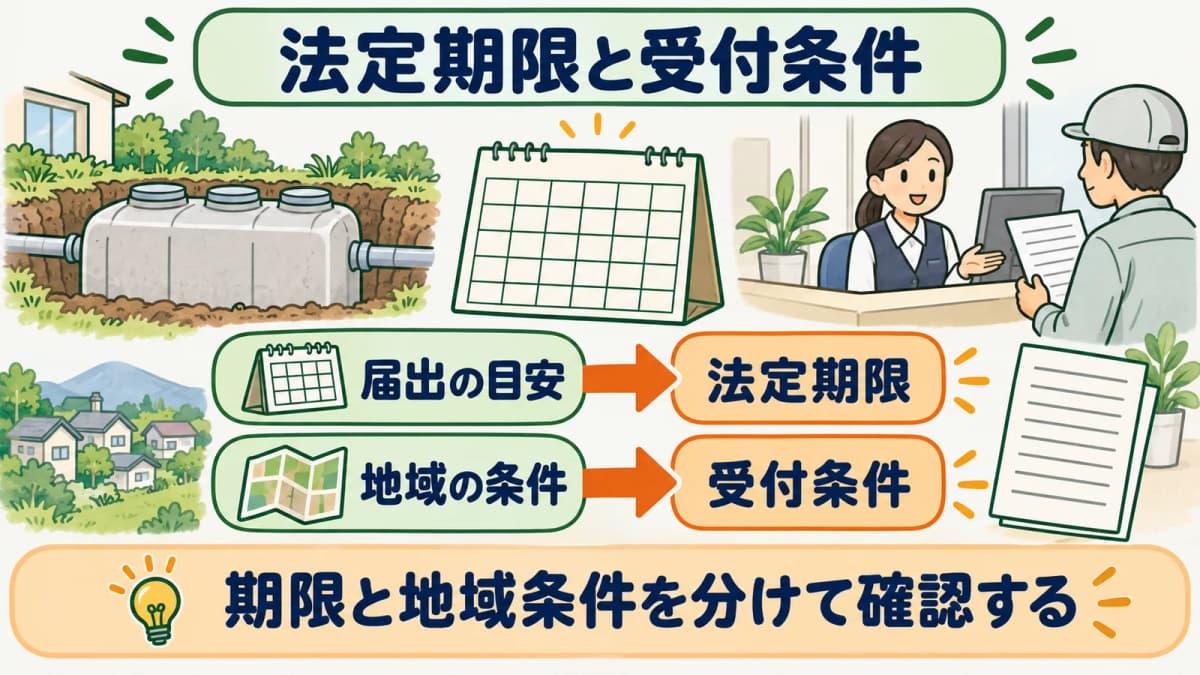 浄化槽の法定30日と自治体ごとの受付条件を分ける図