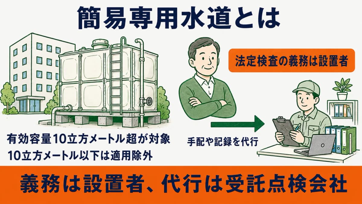 簡易専用水道の定義と設置者の義務を示した図。受水槽の有効容量10立方メートル超が対象で、法定検査の義務は設置者にあることを表す